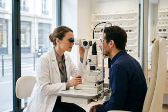 Opticien à Pau examinant les yeux d'un patient avec un biomicroscope à lampe à fente dans un cabinet d'optique moderne