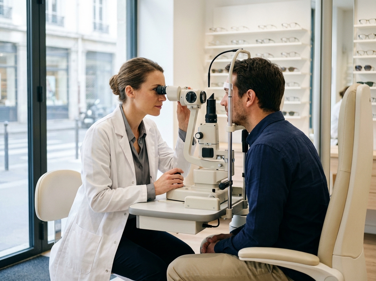 Opticien à Pau examinant les yeux d'un patient avec un biomicroscope à lampe à fente dans un cabinet d'optique moderne