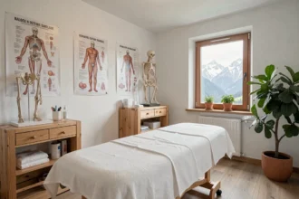 Cabinet d'ostéopathie moderne en Savoie avec table de traitement, posters anatomiques et vue sur les montagnes
