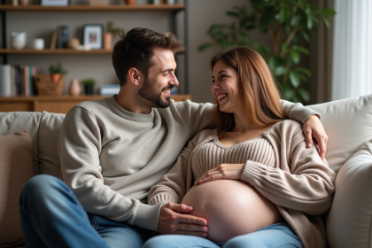 Jeune père parlant au ventre de sa partenaire enceinte