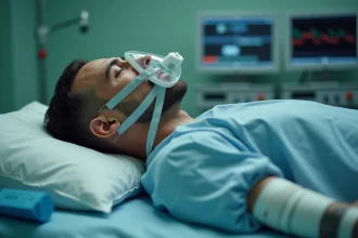 Patient sous anesthésie générale allongé sur une table d'opération en salle chirurgicale avec masque à oxygène