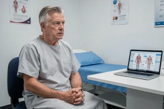 Patient homme d'environ 55 ans en consultation d'oncologie discutant de son traitement du cancer de la mâchoire avec un médecin dans un cabinet médical moderne