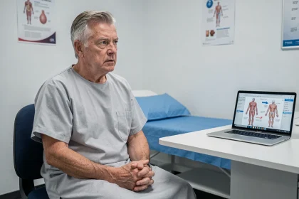Patient homme d'environ 55 ans en consultation d'oncologie discutant de son traitement du cancer de la mâchoire avec un médecin dans un cabinet médical moderne