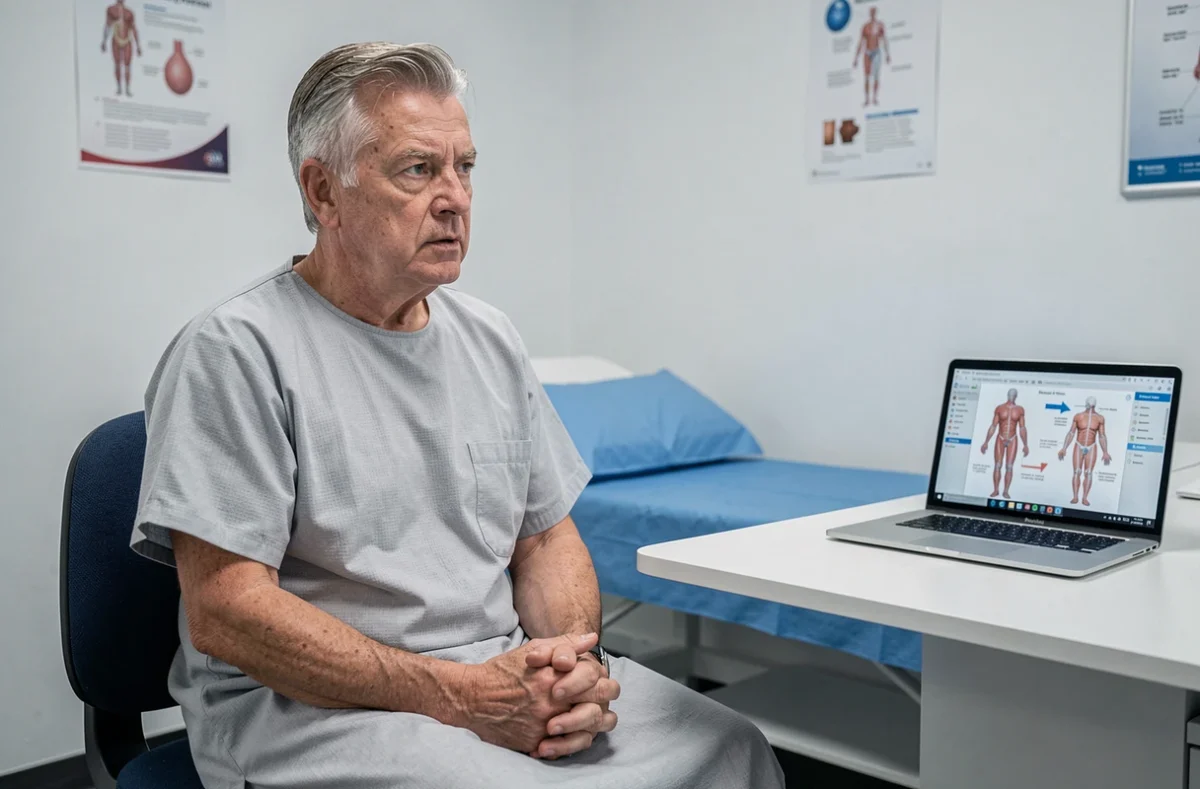 Patient homme d'environ 55 ans en consultation d'oncologie discutant de son traitement du cancer de la mâchoire avec un médecin dans un cabinet médical moderne