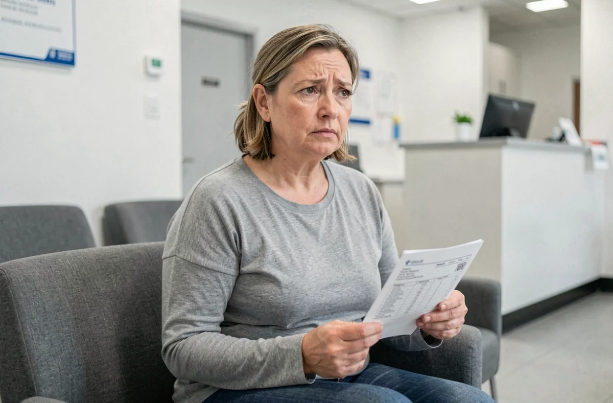 Femme attendant ses résultats d'analyse sanguine incluant les enzymes hépatiques GGT dans un laboratoire médical