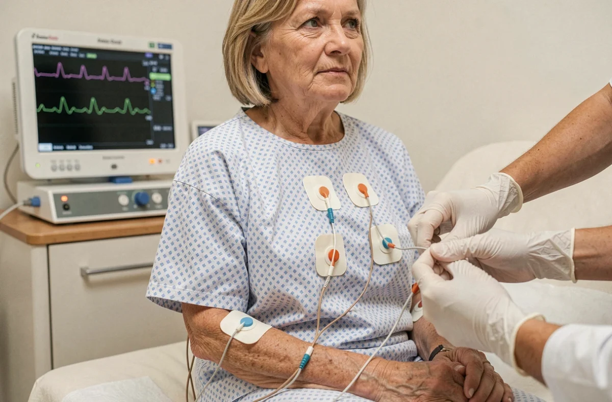 Patiente sous surveillance cardiaque avec électrodes ECG posées sur la poitrine à l'hôpital