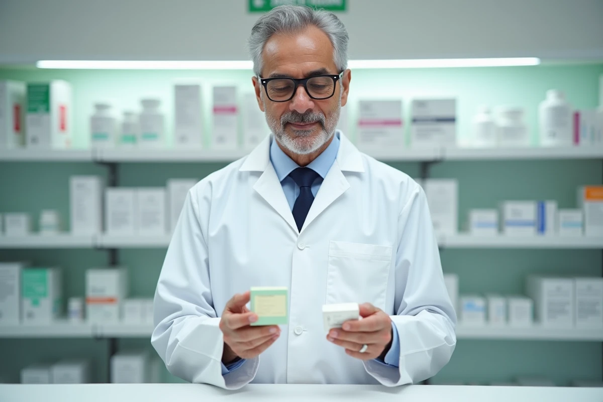Pharmacien en blouse blanche tenant deux boîtes de médicaments antalgiques derrière le comptoir d'une pharmacie