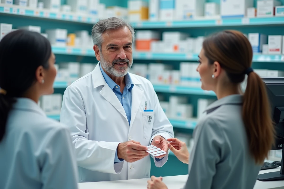 Pharmacien remettant des médicaments à une patiente et expliquant les interactions entre anti-inflammatoires et antibiotiques au comptoir d'une pharmacie