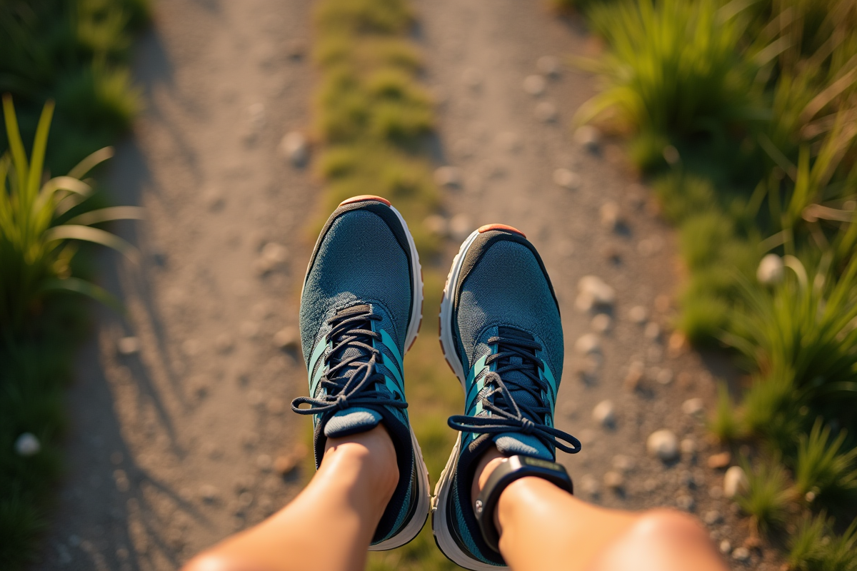 Vue aérienne de pieds en chaussures de course sur chemin rural