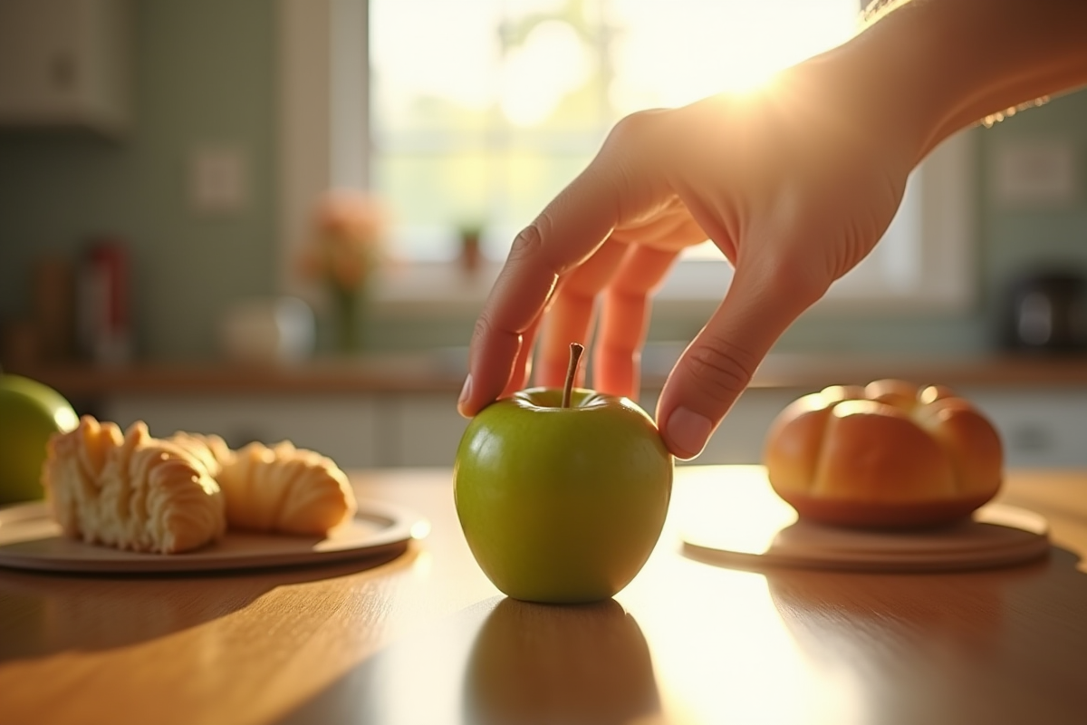 Main choisissant une pomme verte saine sur le comptoir de cuisine ensoleille