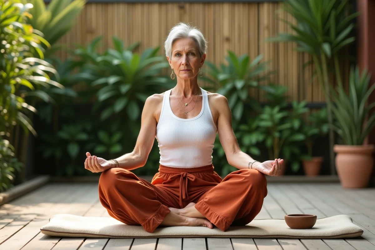 Femme senior aux cheveux argentés en posture complète du lotus sur un coussin de méditation en laine sur une terrasse extérieure entourée de végétation