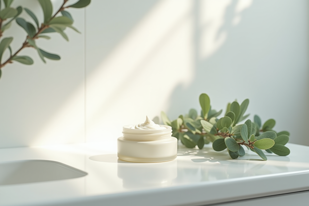 Pot de creme hydratante avec eucalyptus au matin