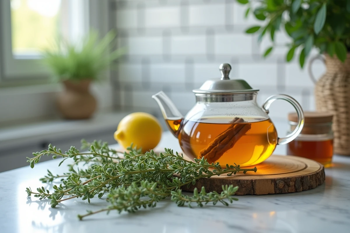 Branches de thym frais et séché sur un plan de travail en marbre avec une théière en verre remplie d'infusion dorée, pot de miel et tranche de citron pour une tisane du soir