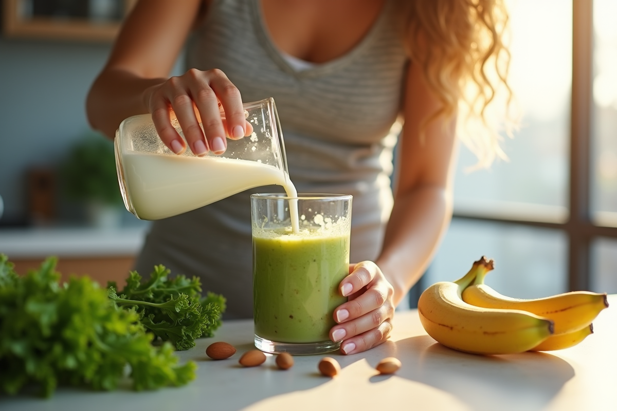 Jeune adulte préparant un smoothie aux légumes verts et banane