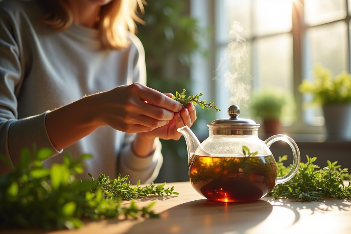Jeune adulte préparant une infusion de thym dans une cuisine moderne