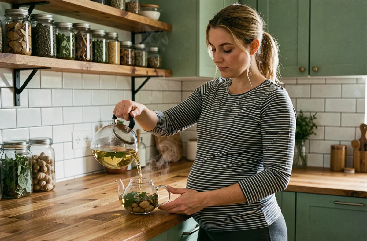 Femme enceinte préparant une tisane aux herbes dans une cuisine moderne