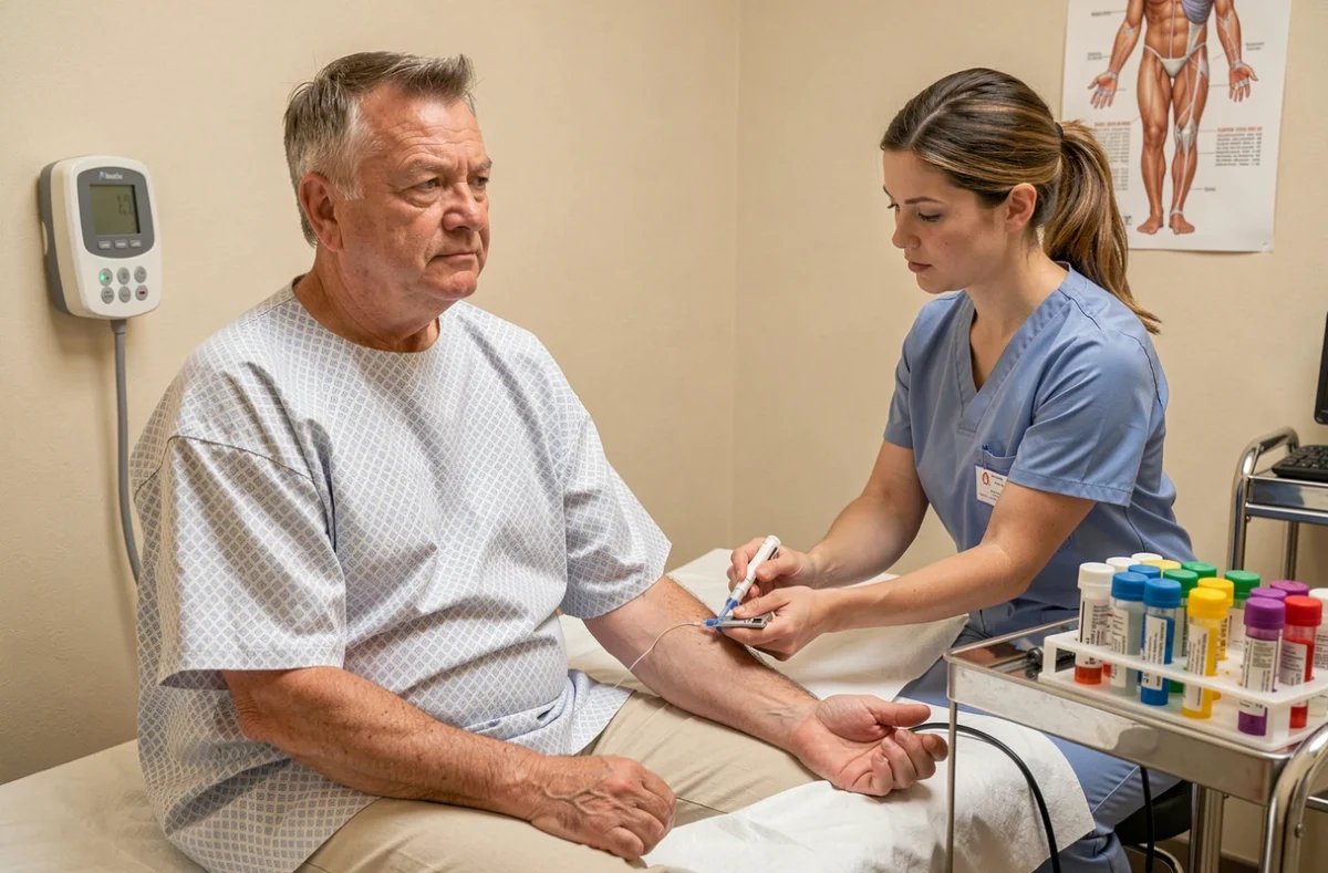 Prise de sang réalisée par une infirmière sur un patient pour mesurer le taux de globules blancs