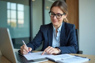 Femme professionnelle en réunion vérifiant une checklist sur son ordinateur