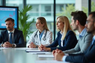 Groupe de professionnels de sant&eacute; en r&eacute;union dans un centre moderne