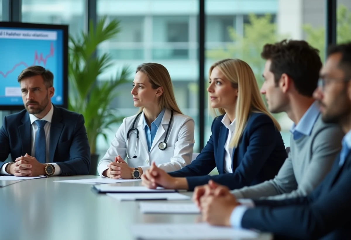 Groupe de professionnels de santé en réunion dans un centre moderne