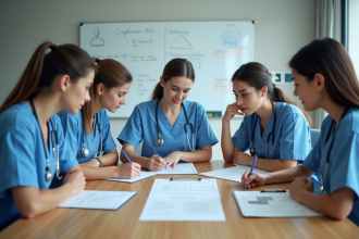 Professionnels de santé en réunion dans un hôpital