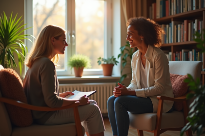 Psychologue attentif écoutant une jeune femme en séance