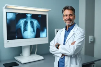 Radiologue professionnel devant un négatoscope affichant une radiographie dans une salle d'imagerie médicale