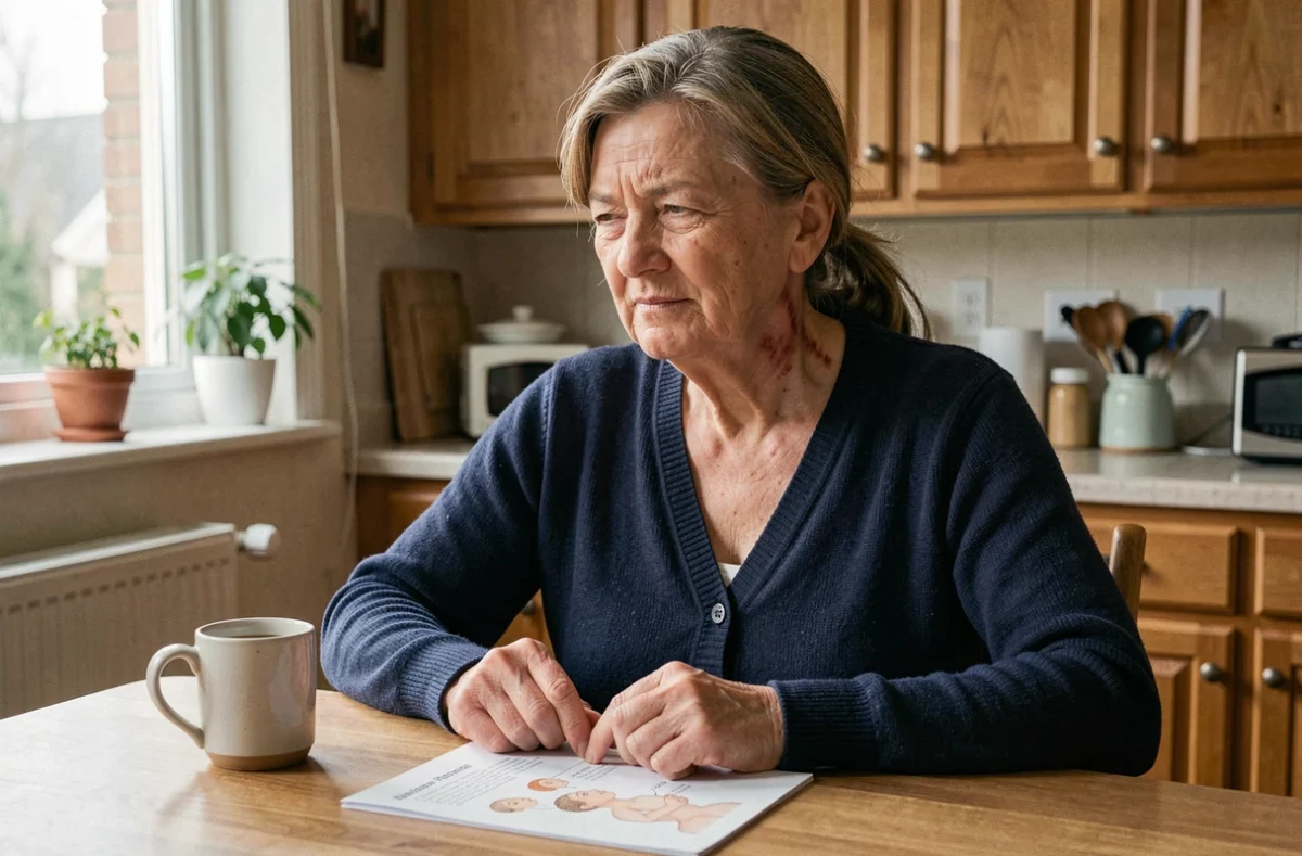 Femme âgée pratiquant des exercices de rééducation de la mâchoire à domicile après un traitement contre le cancer, illustrant les séquelles et la récupération fonctionnelle