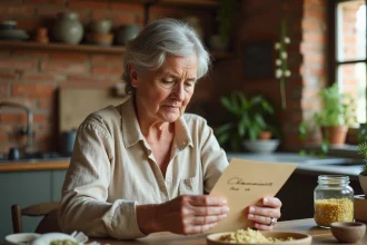 Femme mature lisant des remèdes de grand-mère à base de plantes naturelles dans une cuisine rustique