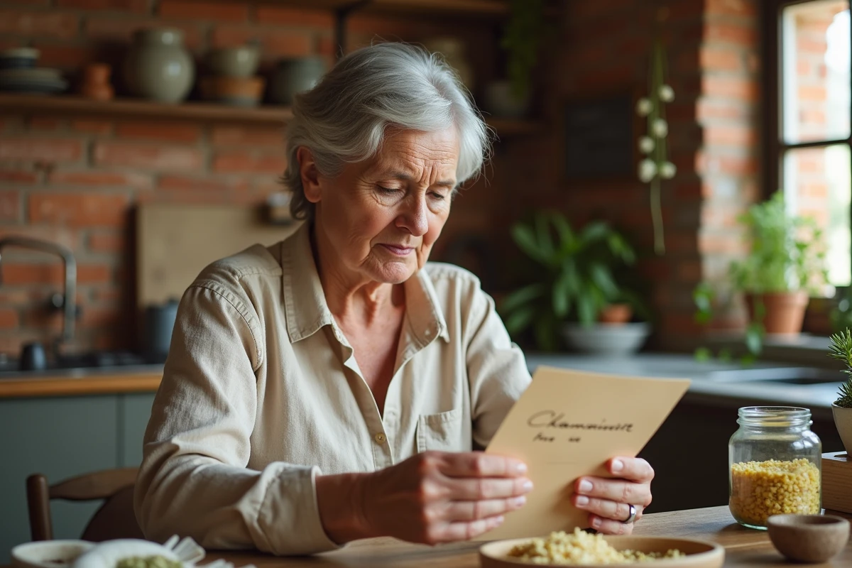 Femme mature lisant des remèdes de grand-mère à base de plantes naturelles dans une cuisine rustique