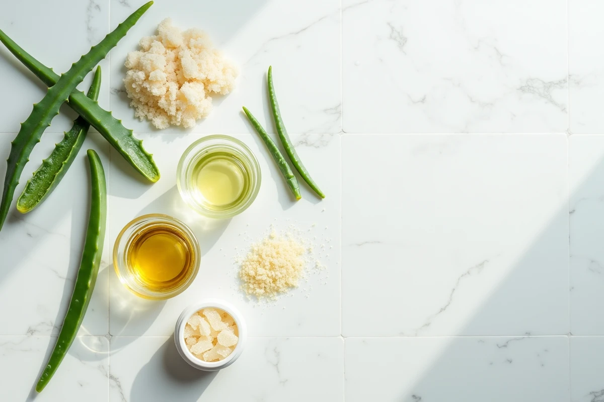 Remèdes naturels pour soulager les poils incarnés : huile essentielle d'arbre à thé, gel d'aloe vera et gommage au sucre sur marbre blanc