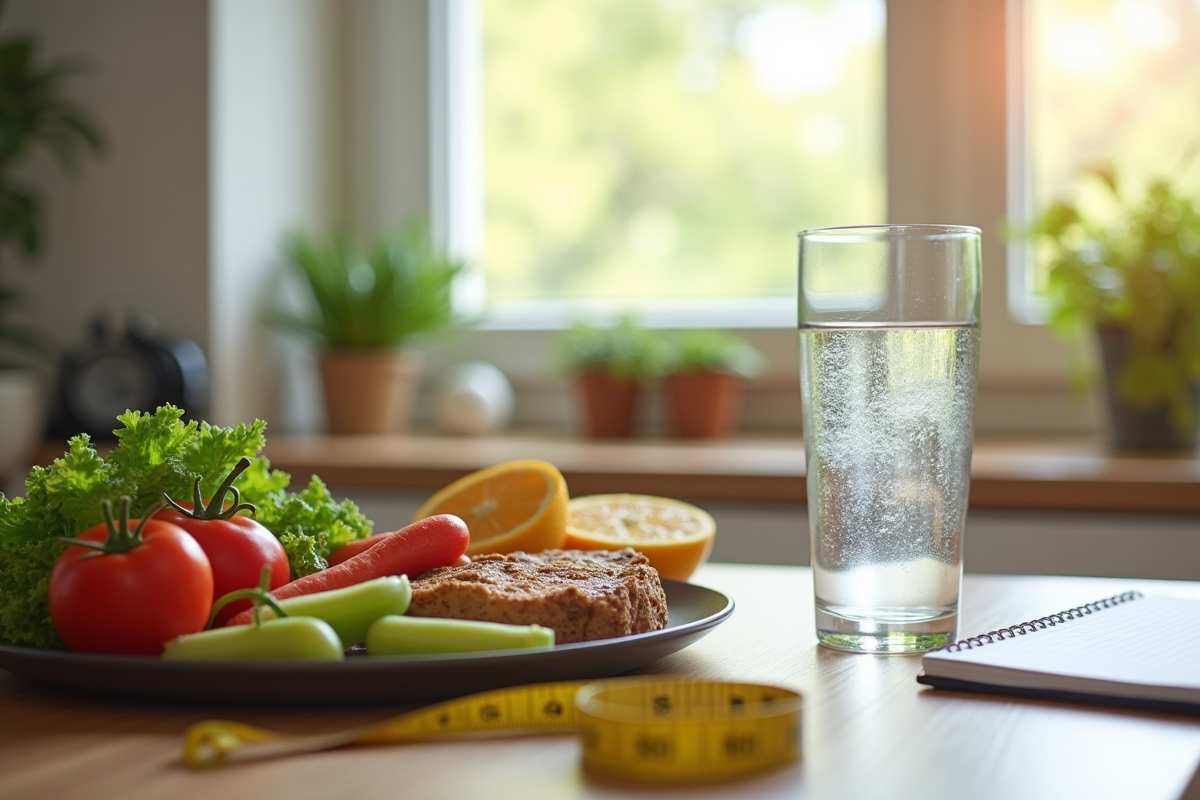 Repas sain et eau dans la cuisine avec accessoires de suivi