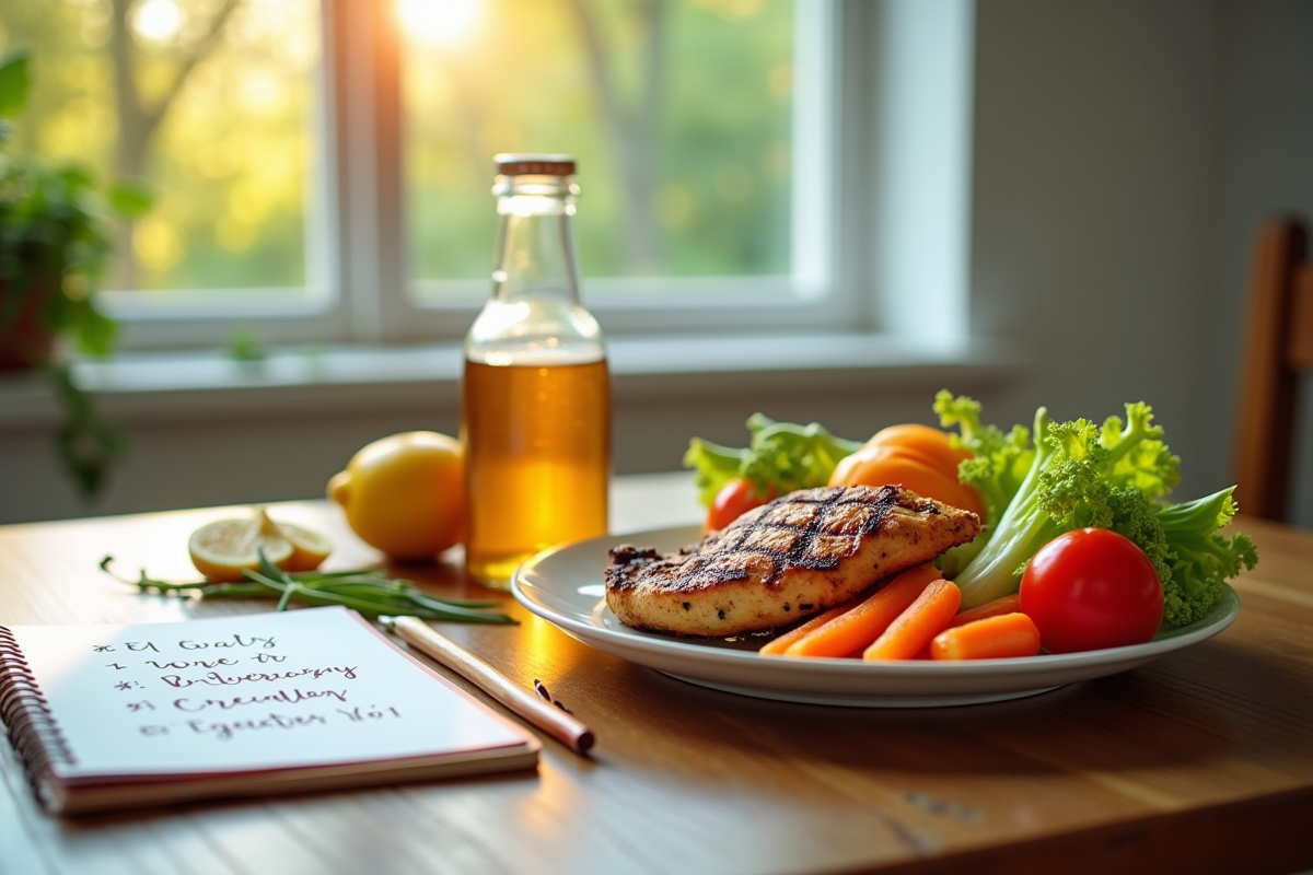 Repas sain avec poulet grillé légumes colorés et bouteille d
