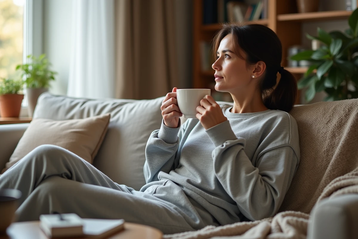 Femme en récupération après une opération gynécologique assise sur un canapé chez elle, tenant une tasse de tisane, entourée d'un plaid et de médicaments