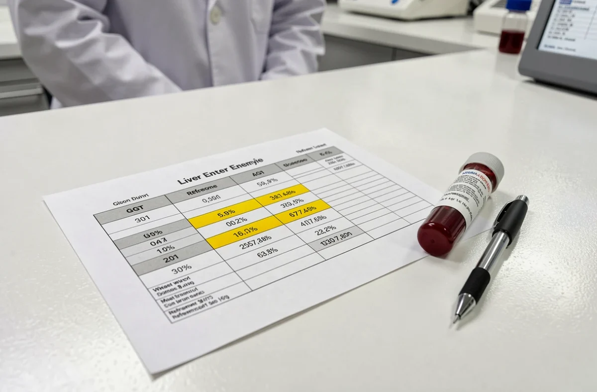 Feuille de résultats d'analyses biologiques montrant les valeurs de gamma-glutamyl transférase avec des tubes de prélèvement sanguin