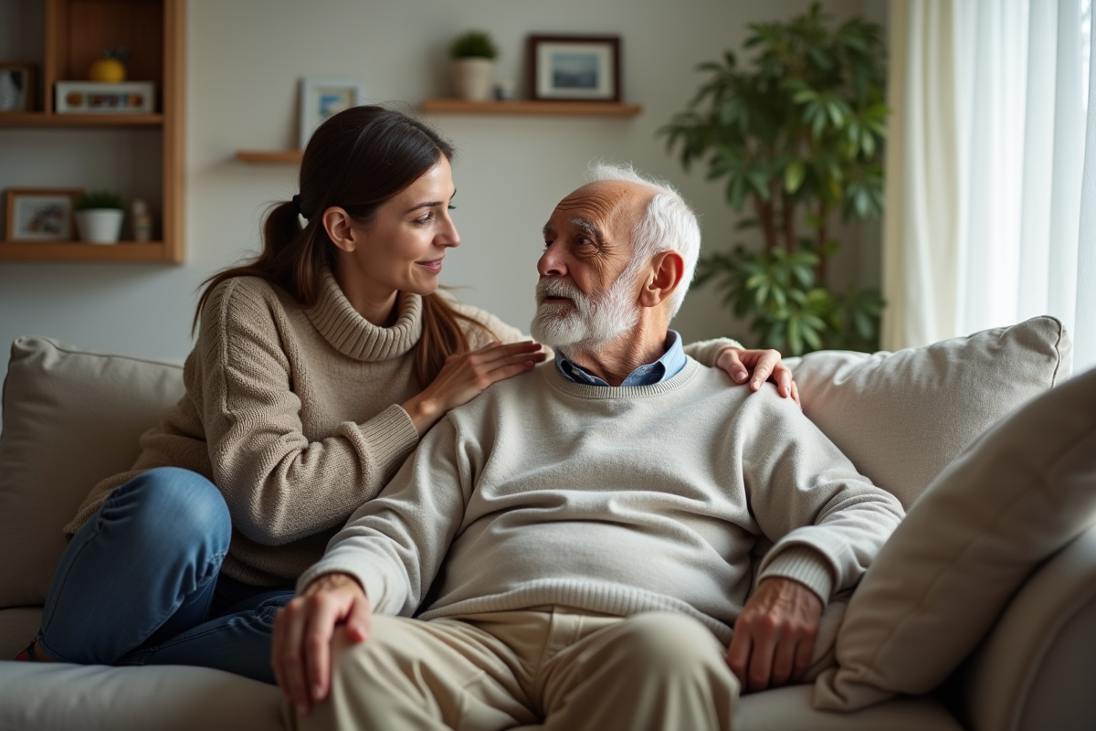 Femme rassure un homme dans un salon familial