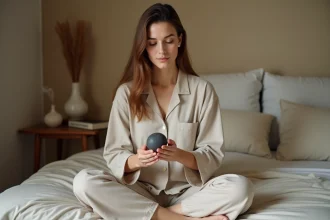 Femme tenant une worry stone lors de sa routine bien-être du soir avant de dormir