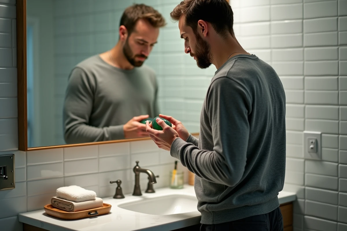 Homme utilisant une pierre anti-stress dans sa routine du soir dans la salle de bain