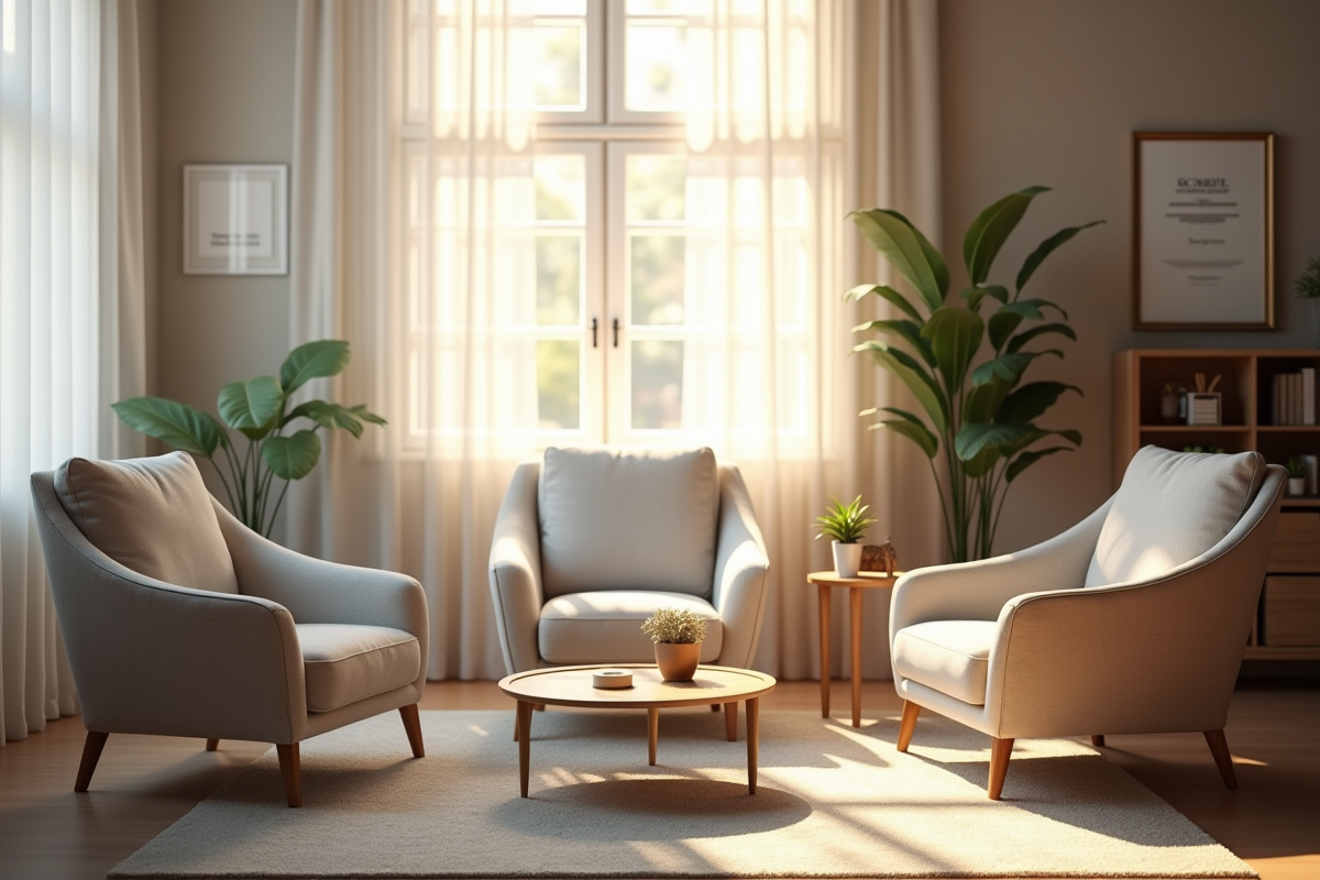 Salle de consultation chaleureuse avec fauteuils et lumière douce