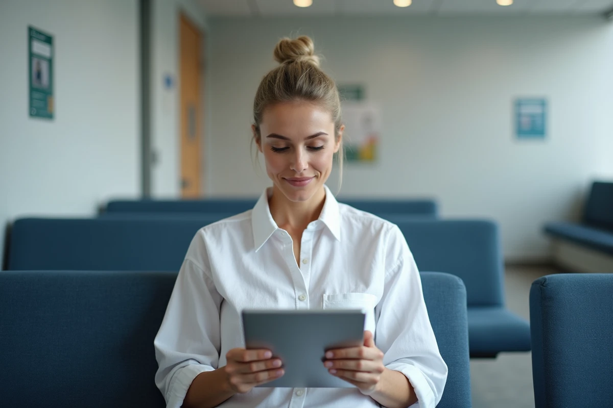 Patiente sécurisant son accès à son compte KelDoc sur une tablette dans une salle d'attente médicale