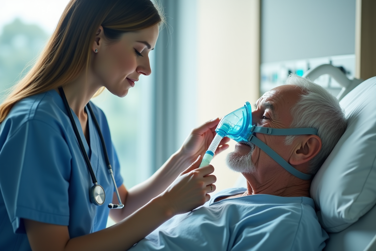 Professionnel de santé ajustant un masque à oxygène sur une personne âgée