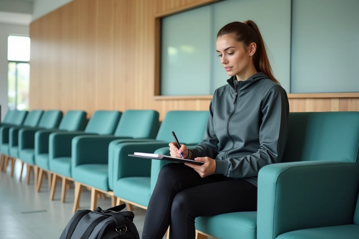 Sportive en tenue athl&eacute;tique remplissant un formulaire m&eacute;dical dans une salle d'attente de radiologie