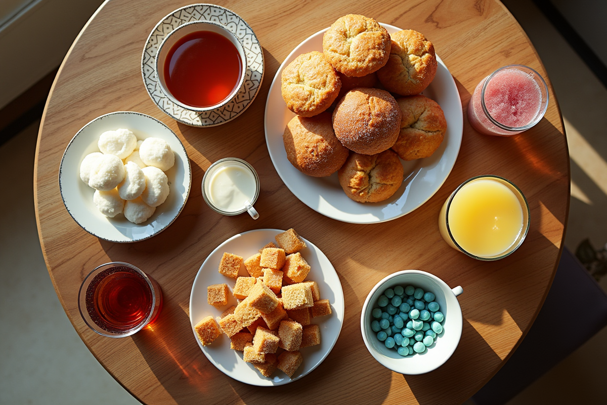 Vue de dessus d'une table avec pâtisseries et boissons sucrées
