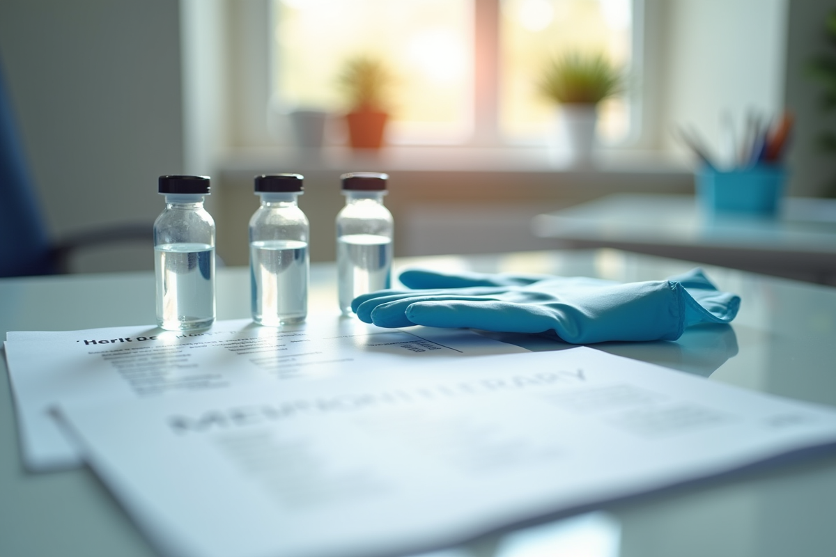 Table avec fioles et documents pour la mesotherapie