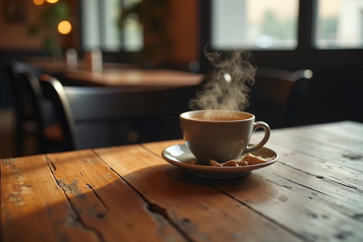 Tasse d'espresso fumante sur une table en bois de café, illustrant le risque de brûlure au palais