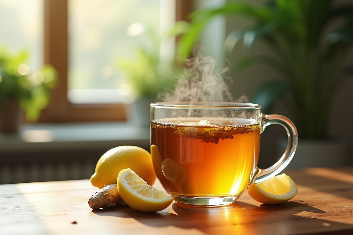 Tasse de tisane chaude avec citron et gingembre sur une table en bois