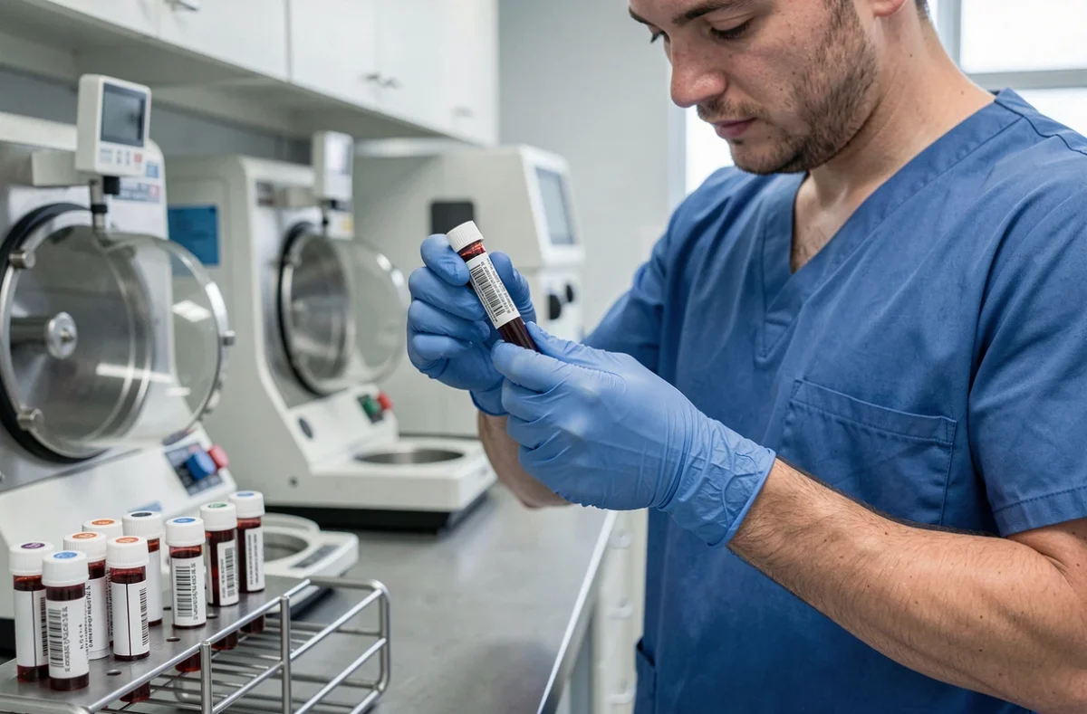 Technicien de laboratoire manipulant un échantillon sanguin pour dosage de la troponine