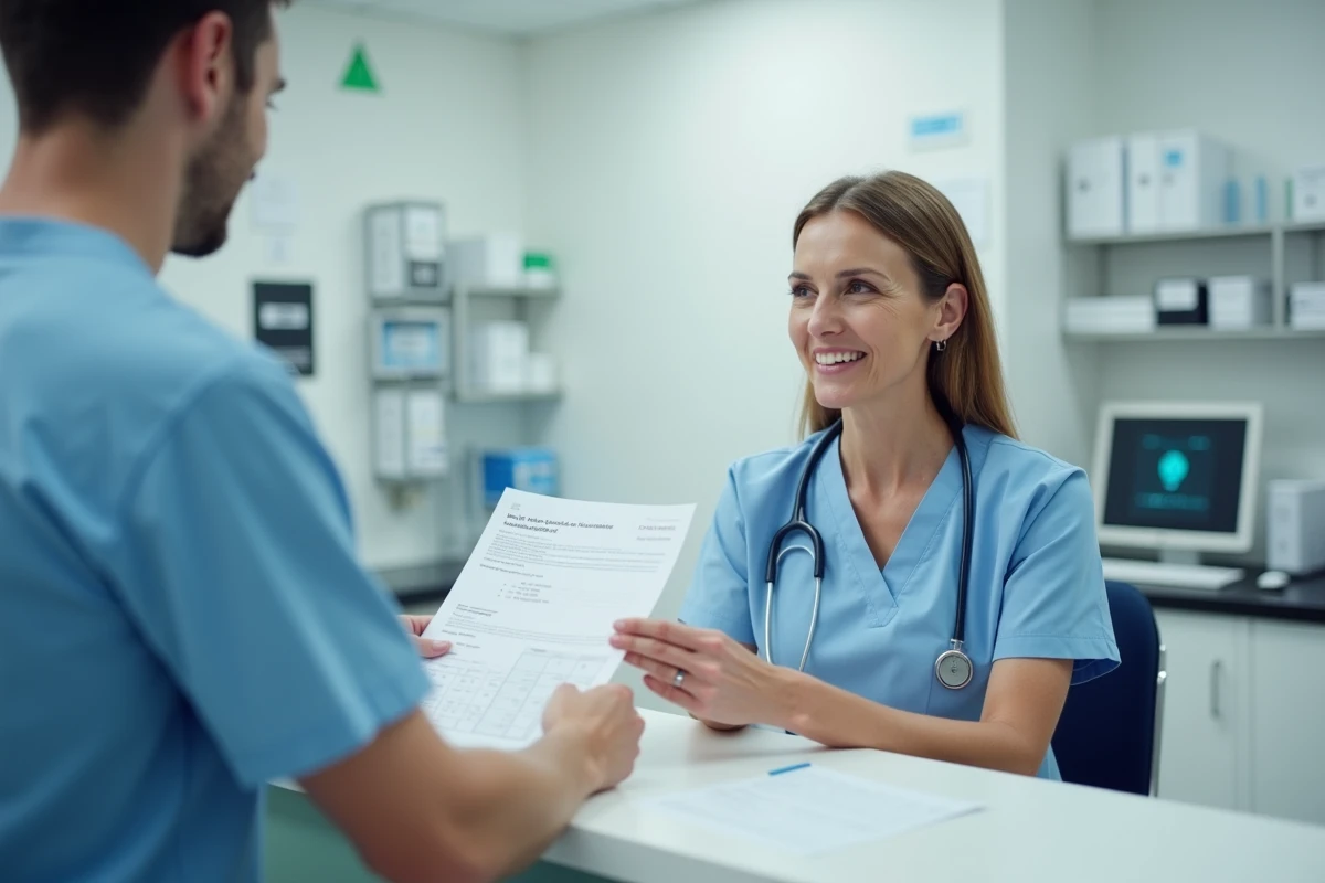 Technicienne de laboratoire remettant un rapport d'analyses médicales à un patient au bureau d'accueil