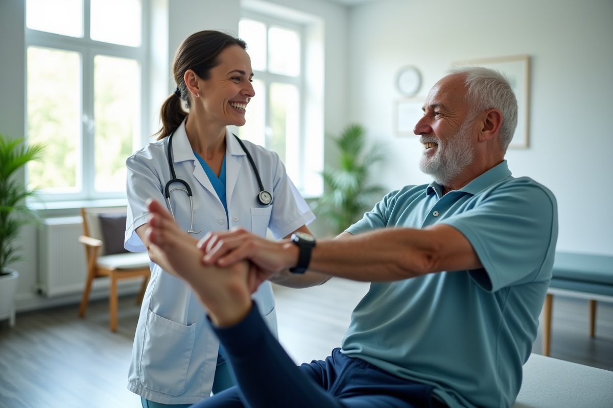 Kinésithérapeute aidant un homme âgé avec des exercices de jambe