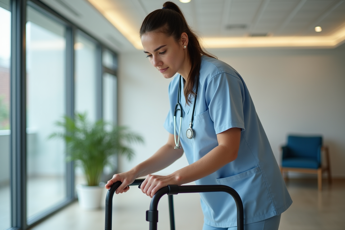Therapeute aidant un jeune adulte en rehabilitation avec une aide a la marche